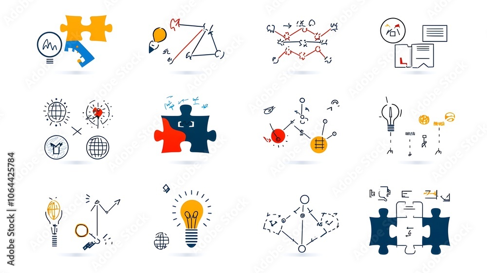 Leinwandbilder A collection of creative problem solving icons featuring brainstorming puzzle pieces and solution pathways on a white background symbolizing the process of innovative thinking and strategic planning