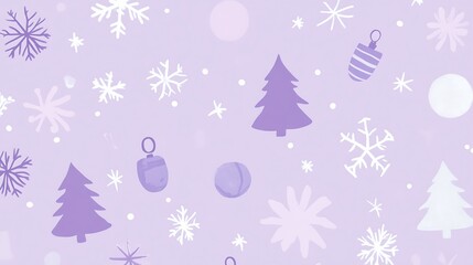 Abstract Watercolor Pattern with Christmas Trees, Snowflakes, and Ornaments on a Light Purple Background