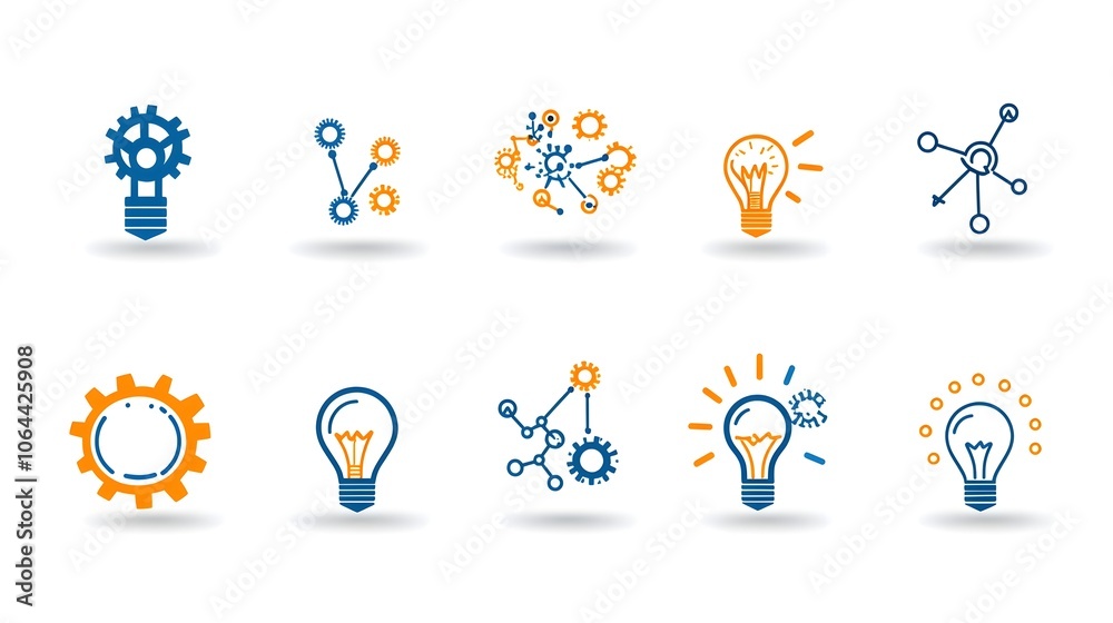 Poster Conceptual of creative solution icons featuring symbols such as gears pathways and lightbulb ideas on a clean white background representing innovation strategy