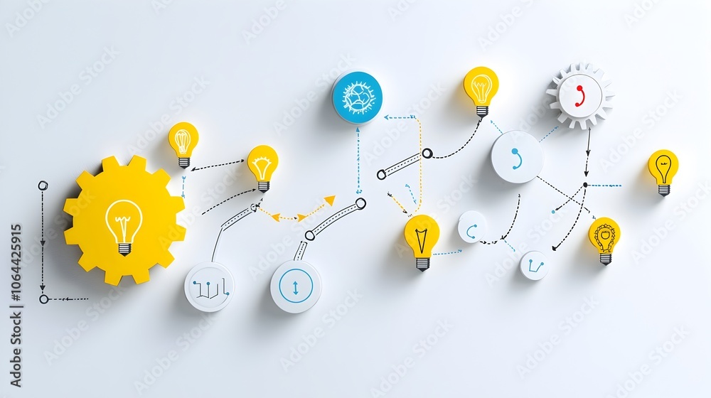 Poster Innovative concept featuring a collection of creative solution icons and symbols including gears pathways and lightbulb ideas on a clean white background representing problem solving strategy