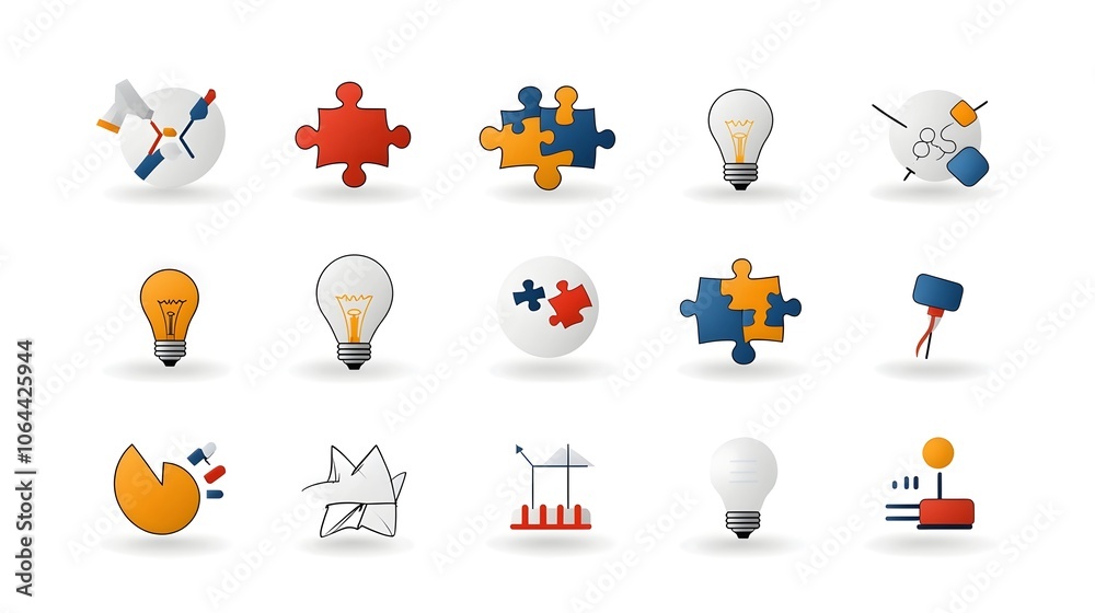 Poster Vibrant collection of icons symbolizing teamwork creative problem solving and innovative business solutions on a clean white background  Conceptual graphic elements representing strategy intelligence