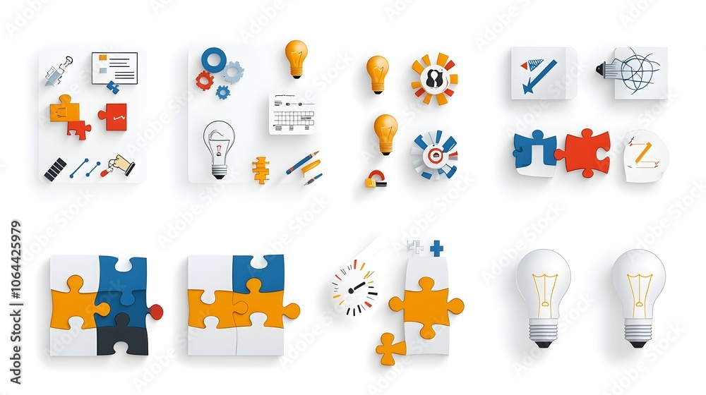Aufkleber puzzle pieces lightbulbs and depicting creative solutions for business technology and innovation con