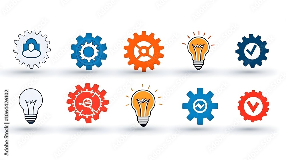 Poster icons representing forward thinking and innovation with symbols of gears teamwork and lightbulbs on 