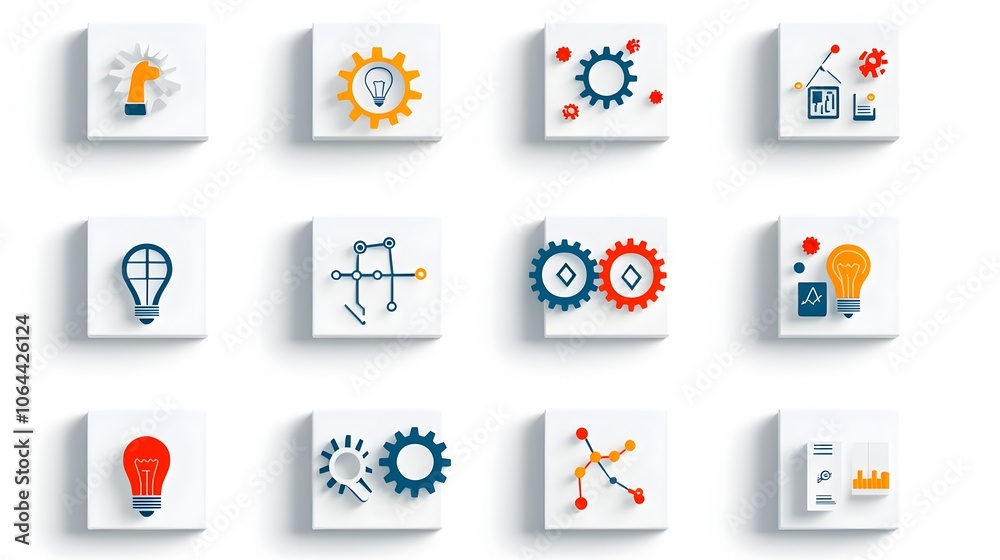 Poster Collection of innovative icons featuring gears and lightbulbs on a white background symbolizing problem solving pathways strategic thinking and technological advancement