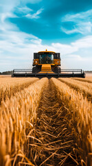 Fototapeta premium Yellow combine harvester reaping wheat in a golden field, leaving a path behind, against a backdrop of blue sky and white clouds