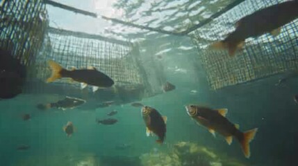 Detailed underwater view of a salmon farm, fish swimming through clear water, cage in the background 