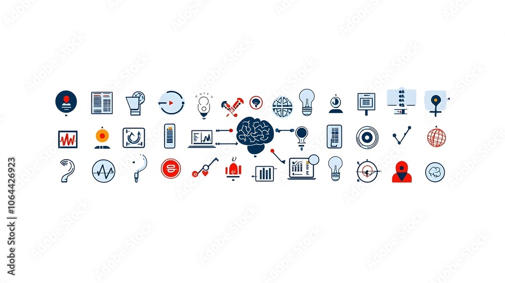 Poster Graphical representation of intelligence concepts through a collection of digital icons and symbols displayed on a clean white background showcasing the technology innovation