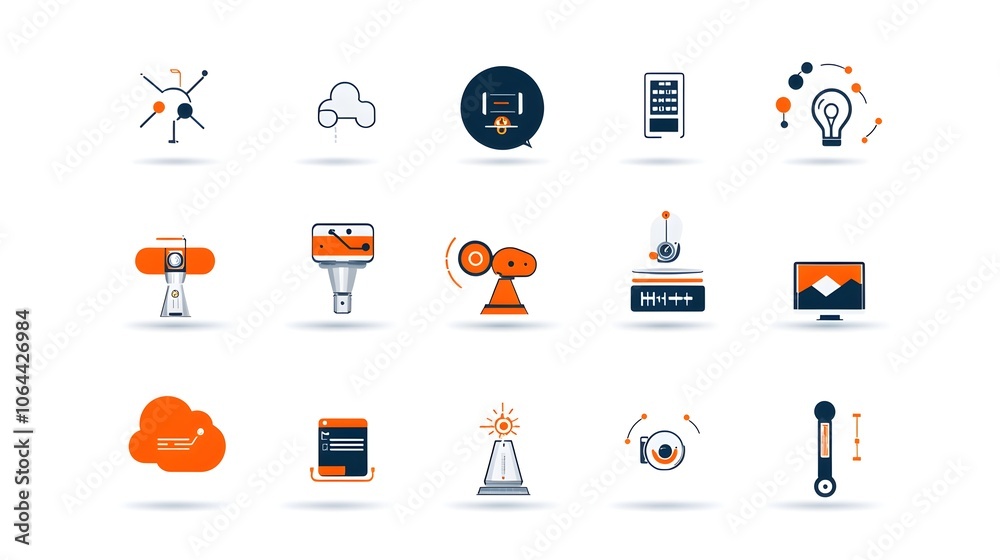 Poster Detailed showcasing a variety of intelligence icons including robotic arms cloud computing and big data analysis on a clean white background