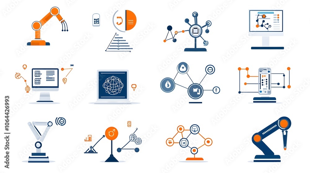 Poster Detailed showcasing various intelligence icons and elements such as robotic arms cloud computing and big data analysis set against a clean white background