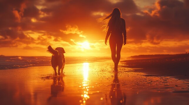 A woman running along a beach with her dog at sunset.
