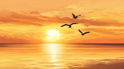 Golden Sunset with Birds Flying Over the Ocean