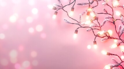 Fototapeta premium String of fairy lights with frosted branches on a pink background
