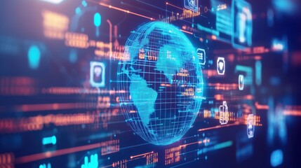 3D rendering of abstract digital planet earth hologram over blue background.