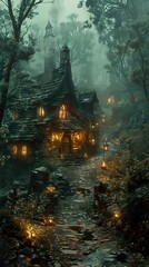Enchanted Stone Cottage in a Foggy Forest - Fantasy Landscape
