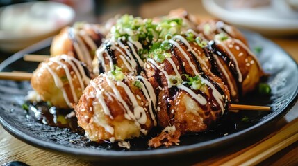 Plate of Freshly Made Takoyaki with Sauces and Bonito Flakes