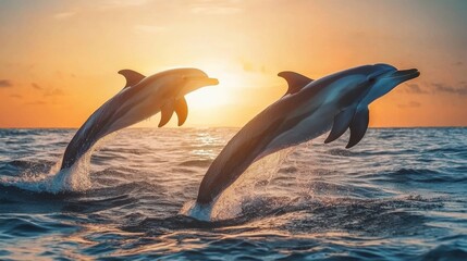 Fototapeta premium Two Dolphins jumping out of the water at sunset. Family animals.