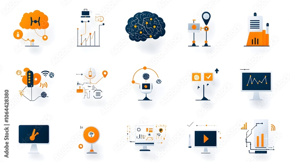Poster icons depicting various intelligence concepts such as data analysis digital brain and automation technology on a clean white background  Symbolizing the digital transformation machine learning
