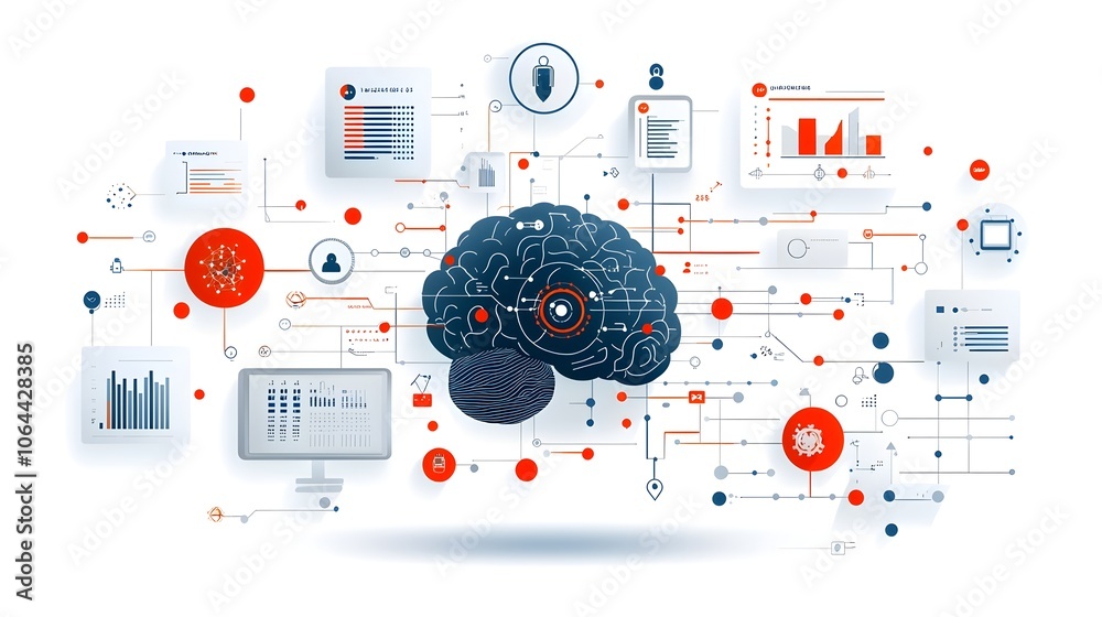 Poster icons depicting various intelligence concepts such as data analysis digital brain and automation on a clean white background