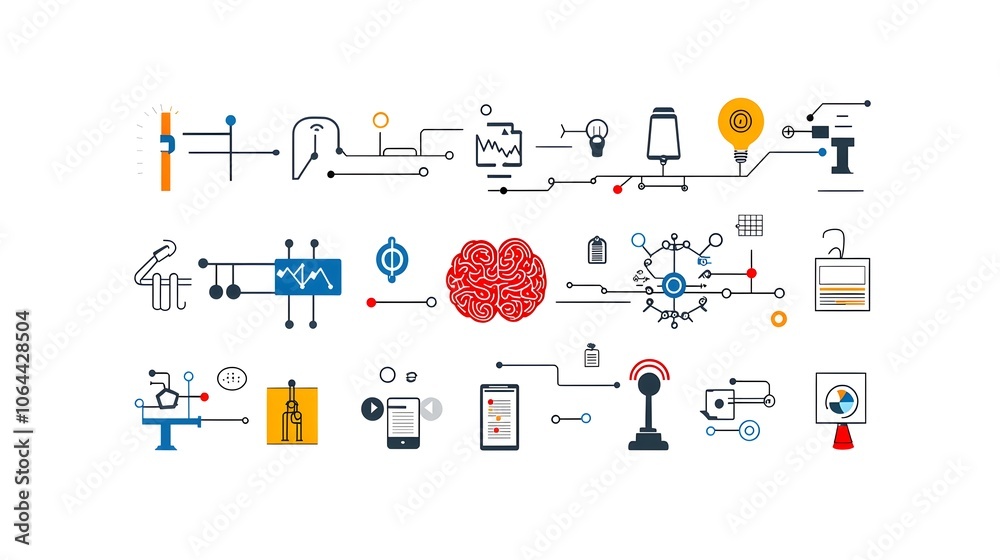 Poster Collection of digital icons and symbols representing intelligence algorithms data flow and other elements of development and advanced technology on a clean white background