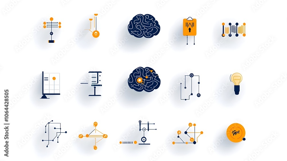 Aufkleber Collection of development icons including digital brain icons algorithms and data flow on a clean white background  Representing the concepts of intelligence machine learning coding