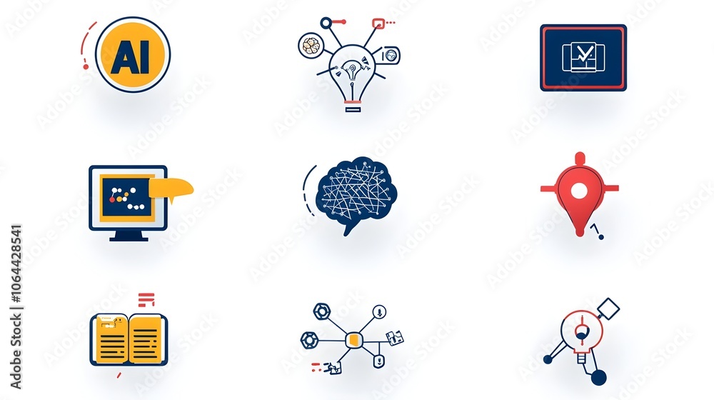 Poster Comprehensive collection of AI inspired icons and symbols representing machine learning deep learning and neural network concepts on a clean white background