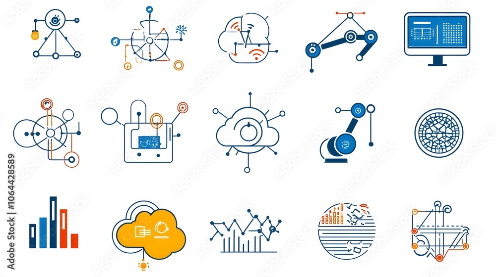 Fototapete of intelligence icons including robotic arms cloud computing and big data analysis on a white background representing the future of digital technology and innovation