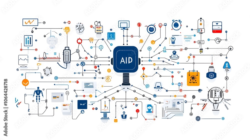 Poster Icons Depicting Symbols of Intelligence Robotics Algorithms and Data Processing on a White Background  Conceptual for Technology Digital and Science Innovations