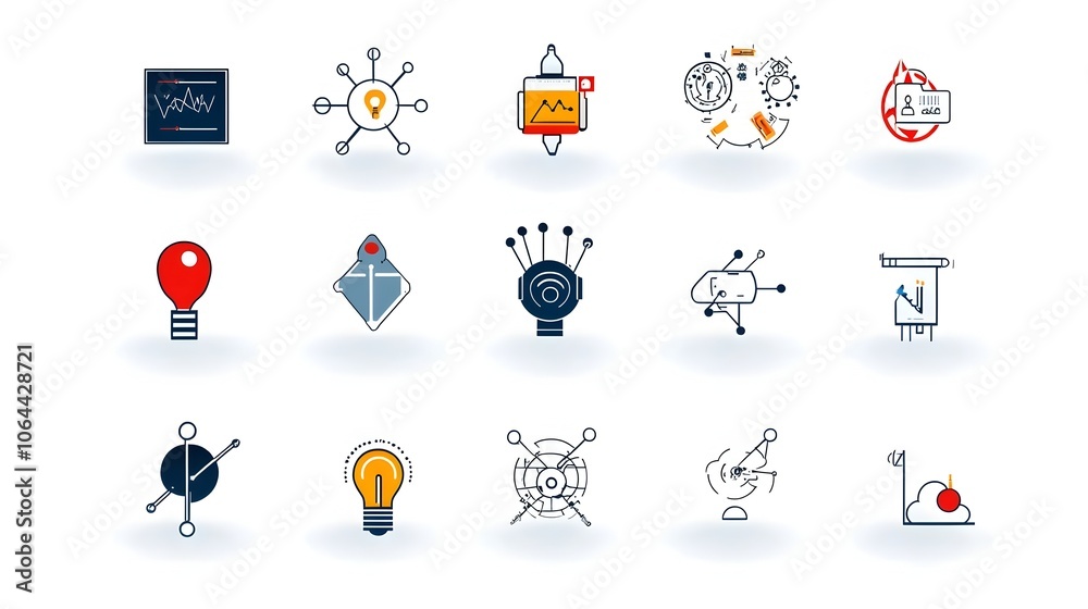Poster icons showcasing the symbols and visual elements associated with intelligence robotics algorithms and data processing on a clean white background