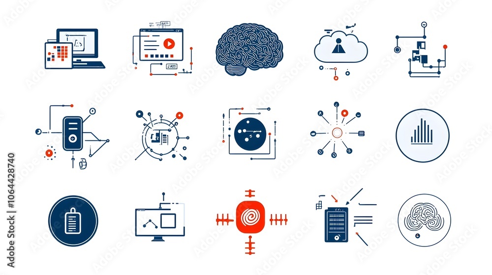 Aufkleber Set of icons representing intelligence with digital brain deep learning algorithms and data clouds on a white background  Graphic design symbols for technology computer science