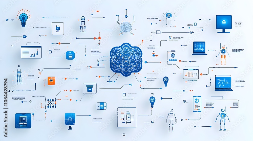 Poster Comprehensive Collection of Icons Showcasing Neural Networks Robotic Assistants and Cloud Based Services on a Clean White Background
