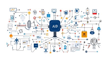 Icons Depicting Symbols of Intelligence Robotics Algorithms and Data Processing on a White Background  Conceptual for Technology Digital and Science Innovations