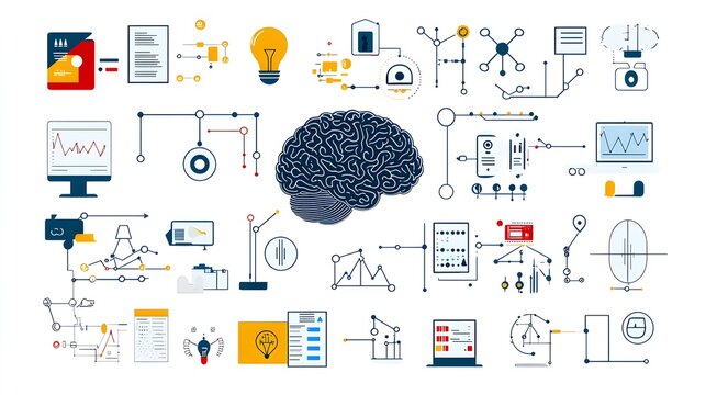 Set of icons representing intelligence with digital brain deep learning algorithms and data clouds on a white background  Futuristic modern and innovative technology concept