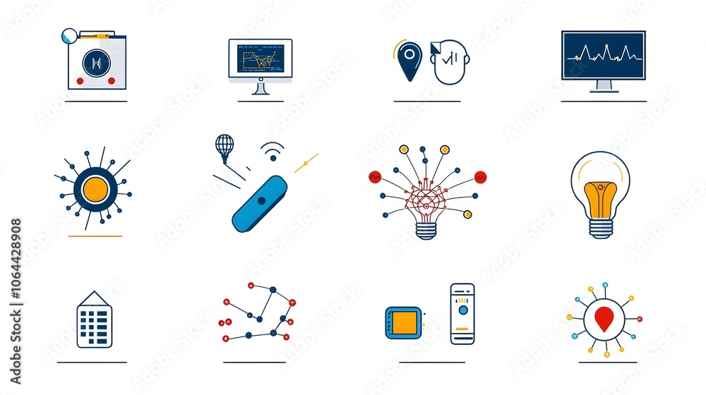Poster Sleek and minimalist icons showcasing the latest advancements in intelligence machine learning neural networks and big data processing technology on a clean white background