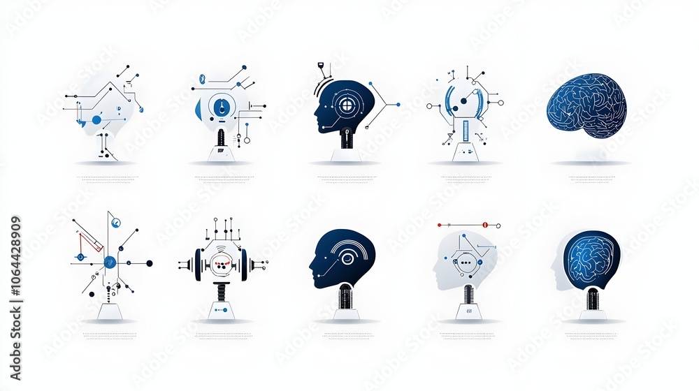 Leinwandbilder Collection of AI powered digital icons featuring a robotic head design and predictive analytics symbols representing the future of intelligent technology and data driven insights
