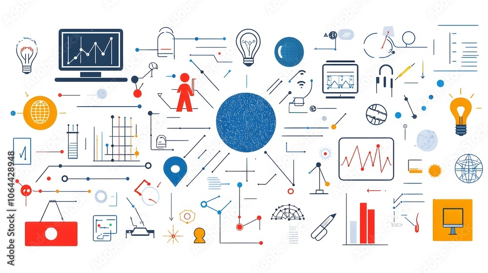 Poster of technology icons including machine learning algorithms neural networks and big data processing on a white background representing the advancements in intelligence and digital transformation