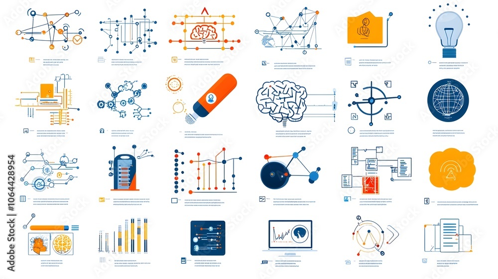 Leinwandbilder Minimalist icons representing the concepts of intelligence data mining cognitive computing and machine learning on a clean white background  These symbols convey the ideas of technology innovation