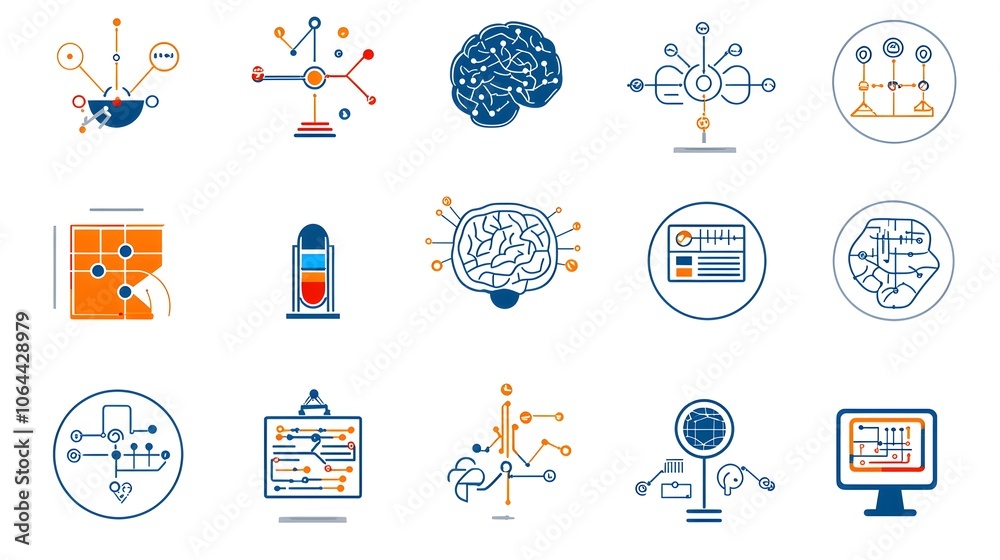 Aufkleber Intelligence Icons Showing Symbols of Data Mining Cognitive Computing and Machine Learning Concepts on White Background  for Technology Science and Business Concepts
