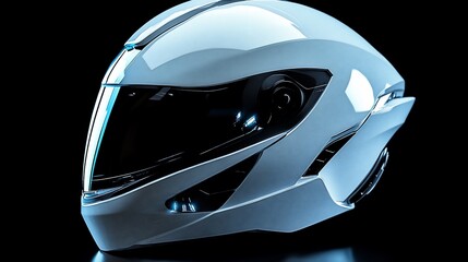 Futuristic white helmet with blue lights, isolated on black background.