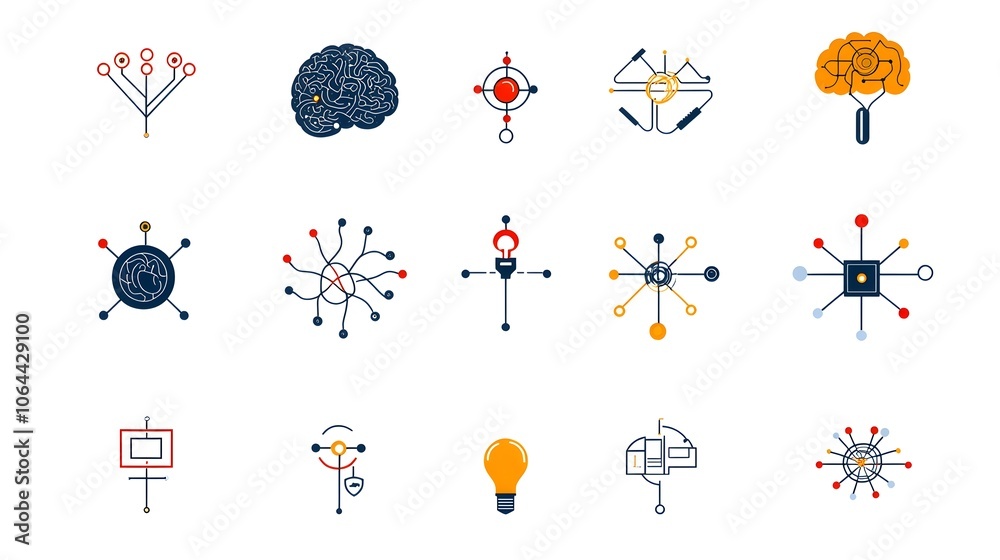 Poster Collection of Intelligence and Automation Icons with Digital Brain Neural Pathways and Machine Learning on White Background  Represents Advanced Technology Automation Robotics