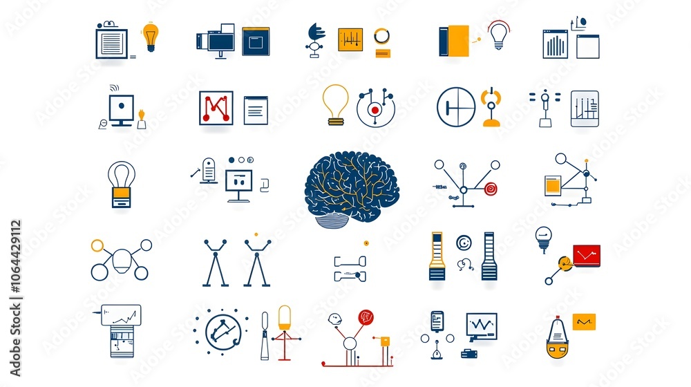 Poster A collection of automation and intelligence digital icons featuring brain like neural pathways machine learning vectors and other technology symbols on a clean white background