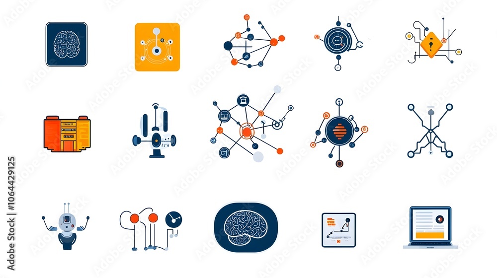 Leinwandbilder of intelligence icons with data network cognitive computing and robotic brain symbols on a white background  Technology digital science icon graphic design abstract futuristic modern innovation
