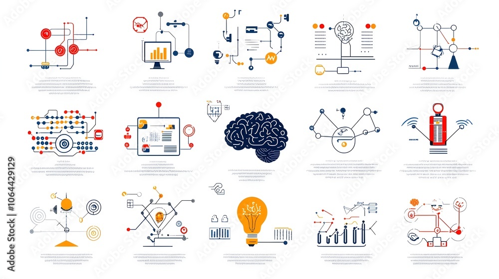 Aufkleber depicting intelligence cognitive computing and robotic brain symbols on a white background  Representing the concepts of technology innovation automation and digital transformation