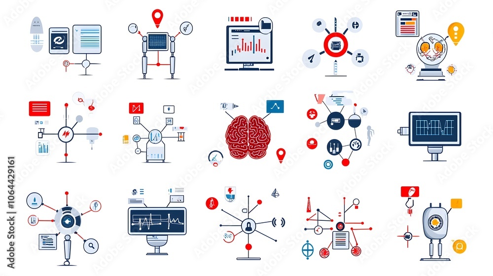 Poster showcasing various icons and symbols related to intelligence data networks cognitive computing and robotic brain technology  The image is set against a clean white background