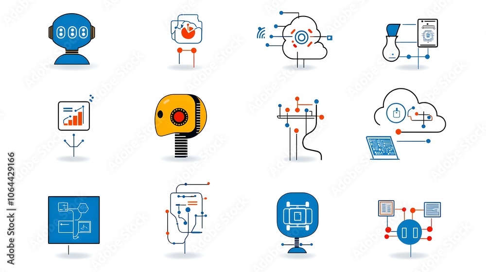 Poster Comprehensive Icon Set Featuring Robotic Head Data Cloud and Algorithm Symbols Ideal for Showcasing Intelligence Software Engineering and Technological Innovation