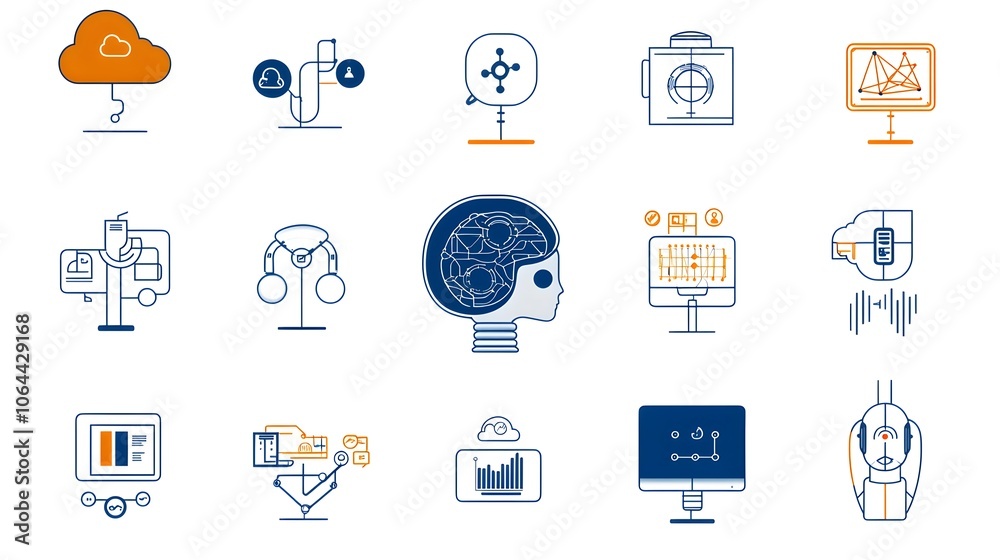 Fototapete Collection of development icons including robot head data cloud algorithm symbols and other digital technology elements on a clean white background  Graphic design for software app website