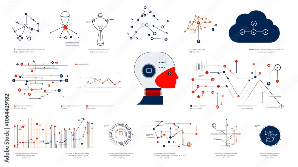 Aufkleber Comprehensive Development Icon Set Featuring a Robot Head Data Cloud Algorithm Symbols on a Clean White Background  Represents the Latest Advancements in Intelligence Machine Learning