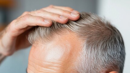 Fototapeta premium Man smoothly styles his silver hair for a polished look