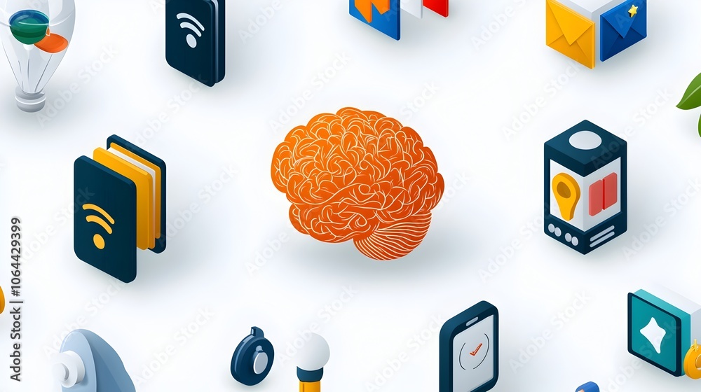 Poster Illustrated graphic showcasing key concepts such as deep learning digital brain and smart assistant icons against a clean white background representing the future of technology and innovation