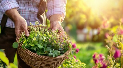 Fototapeta premium Gardener harvests fresh herbs in sunlit garden