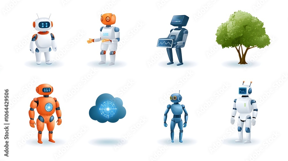Poster Collection of icons with smart robots machine learning symbols and cloud computing on a white background representing futuristic technology and digital innovation